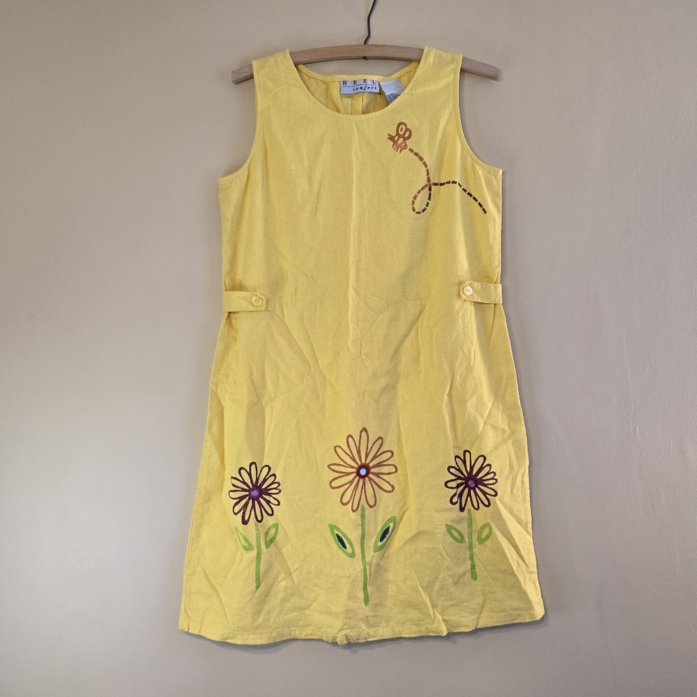 Vintage Real Comfort Linen/Rayon Yellow Spring Bee Floral Dress Size 10 Summer